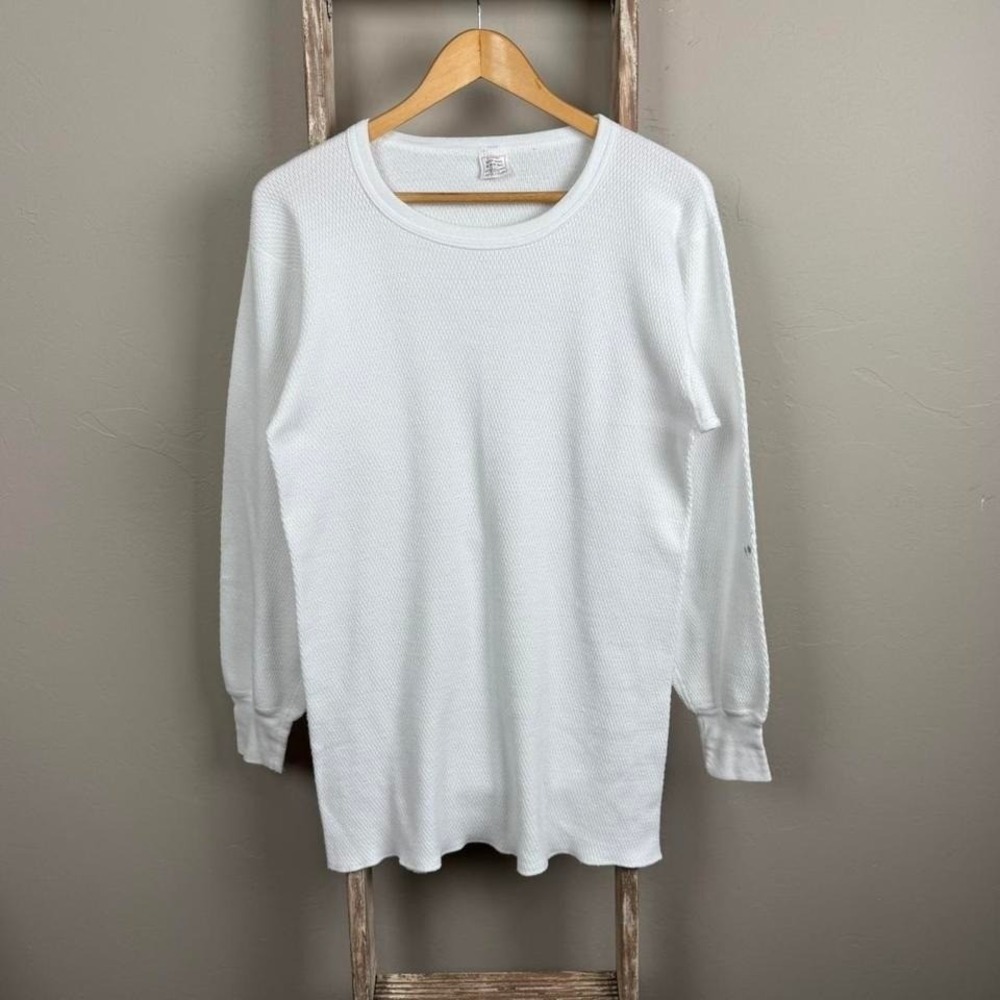 Vintage 70s White Waffle Knit Longsleeve Thermal Shirt size Large Tall